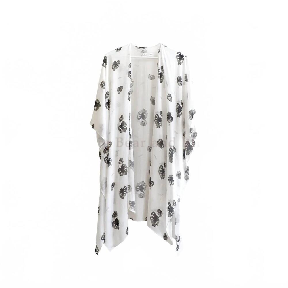 NEW BIG BEAR AND BIRD women's tropical palm leaves kimono in white/black